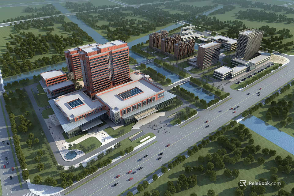Modern Hospital Building Complex Surrounded By Greenery River And Roads 3d model