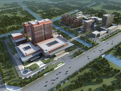 Modern Hospital Building Complex Surrounded By Greenery River And Roads 3d model