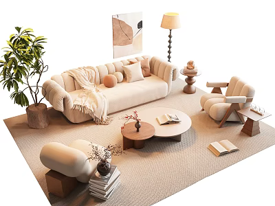 Cozy Beige Sofa With Pillows Throw And Round Wooden Coffee Table With Floor Lamp Armchair 3d model