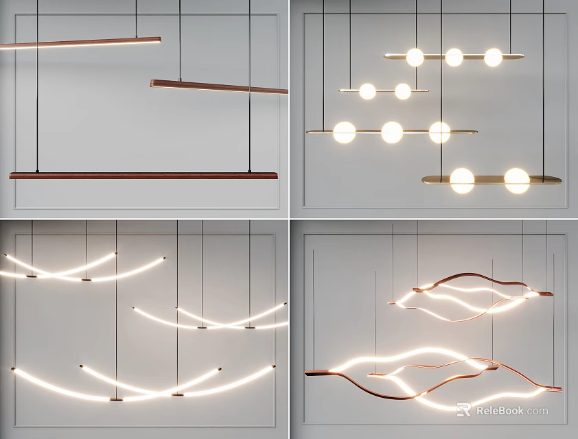 Modern Chandeliers In Linear Wave And Circular Shapes With Warm LED Lighting 3d model 