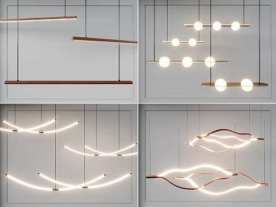 Modern Chandeliers In Linear Wave And Circular Shapes With Warm LED Lighting 3d model