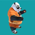 Animated Panda Game Movie Character in Orange Outfit Doing Martial Arts Pose on Blue Background
