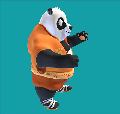 Animated Panda Game Movie Character in Orange Outfit Doing Martial Arts Pose on Blue Background 3d model