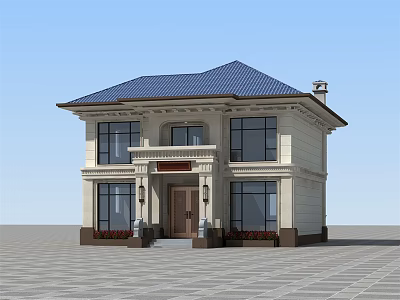 Two Story Detached Villa With Blue Roof Beige Exterior And Brown Front Door 3d model