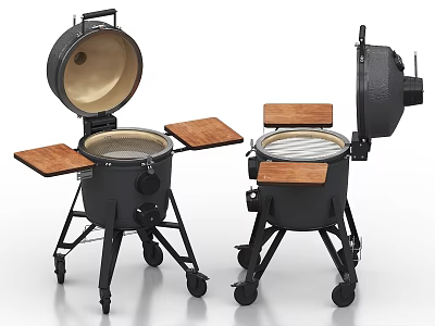 Black Metal Outdoor Kitchen Grill Appliance With Wheels And Wooden Side Tables 3d model