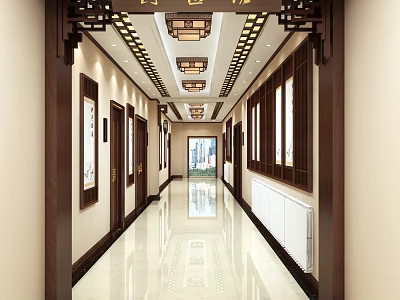 Traditional Chinese Style Office Corridor With Wooden Frames Ceiling Lamps And Beige Walls 3d model