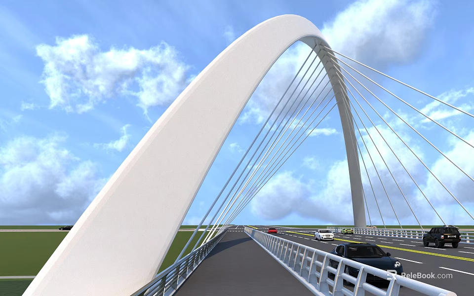 White Arch Cable Stayed Bridge With Cars On Road Under Blue Sky And White Clouds 3d model 