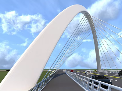White Arch Cable Stayed Bridge With Cars On Road Under Blue Sky And White Clouds 3d model