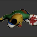 Yellow Cartoon Character In Green Sweater Brown Pants Blue Shoes Holding Red White Ball