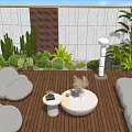 Garden Landscape With White Sofas Wooden Deck Stone Walls And Green Plants