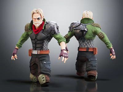 3D Male Character Model With White Hair Red Scarf Green Jacket And Metal Armor 3d model