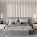 Contemporary Bedroom Interior With Striped Headboard Wall Gray Bed Pillows Nightstands Hanging Lamps And Bench