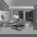 Modern Living and Dining Room With Gray Sofa Stone Coffee Table Large Windows