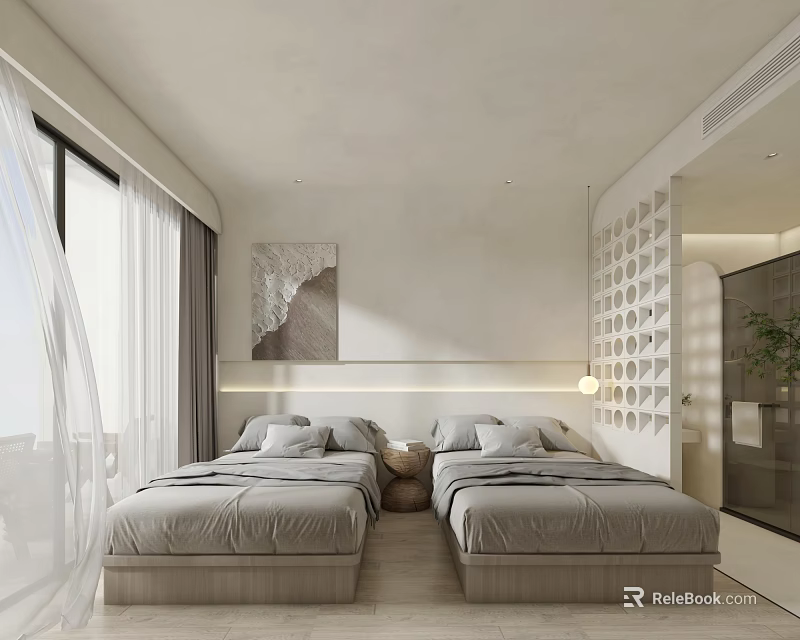 Modern Hotel Room Interior With Twin Beds Natural Light And Minimalist Decor 3d model 