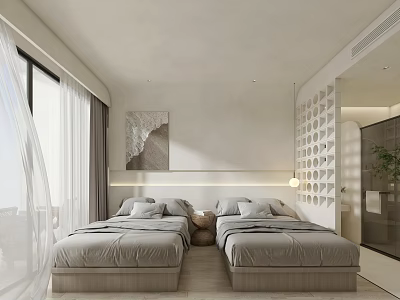 Modern Hotel Room Interior With Twin Beds Natural Light And Minimalist Decor 3d model