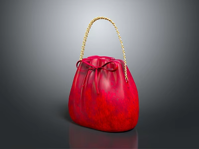 Red Leather Bag With Golden Braided Handle And Bowknot Closure Design 3d model