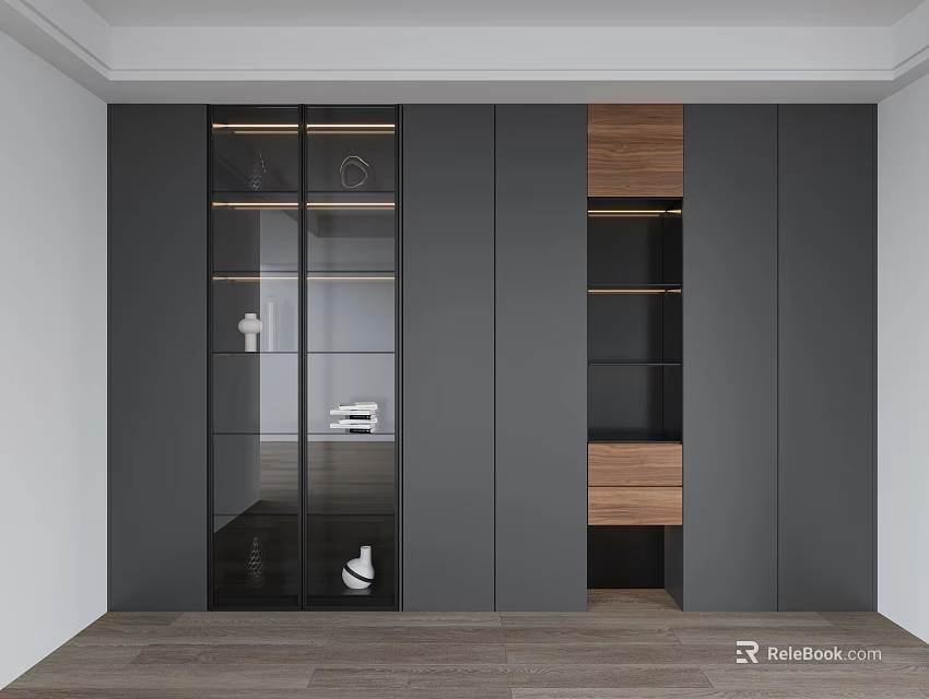 Modern Gray Wardrobe Interior Design With Glass Doors And Open Storage Shelves 3d model 