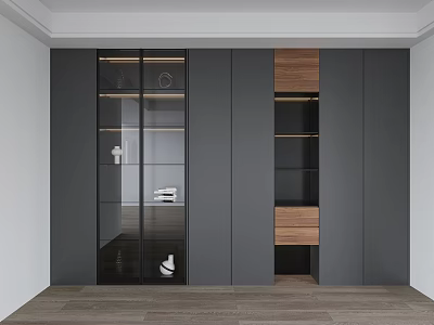 Modern Gray Wardrobe Interior Design With Glass Doors And Open Storage Shelves 3d model