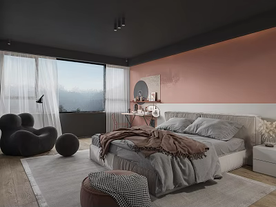 Modern Bedroom Interior With Large Window Mountain View Pink Wall Gray Bedding And Black Chairs 3d model