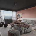 Modern Bedroom Interior With Large Window Mountain View Pink Wall Gray Bedding And Black Chairs