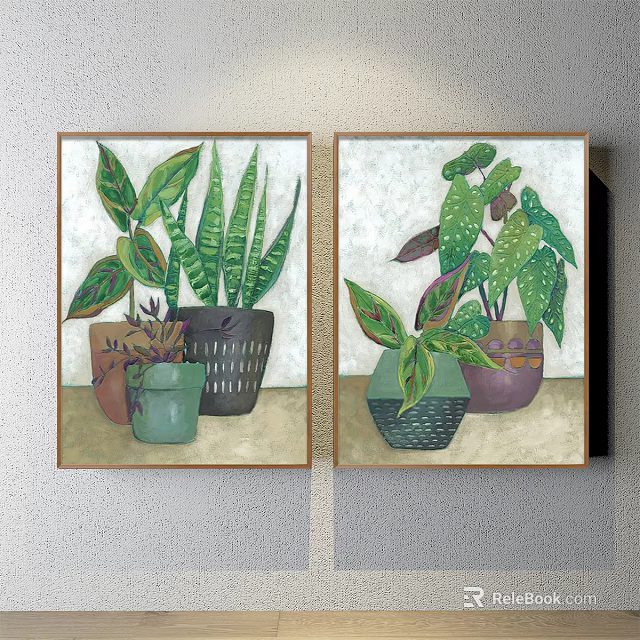 Decorative Plant Paintings Featuring Colorful Potted Plants And Various Leaf Patterns 3d model
