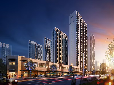 Modern Commercial Street Night View With High Rise Buildings Lighting Pedestrians And Vehicles 3d model