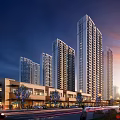 Modern Commercial Street Night View With High Rise Buildings Lighting Pedestrians And Vehicles
