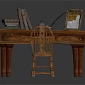 Vintage Wooden Writing Desk With Books Ink Bottle Quill Pen Photo Frame And Wooden Chair