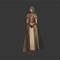 Hooded Character In Green Cloak And White Robe With Crossed Hands Against Gray Gradient Background