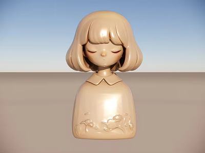 Beige Cartoon Doll With Short Hair Closed Eyes And Floral Collared Dress 3d model