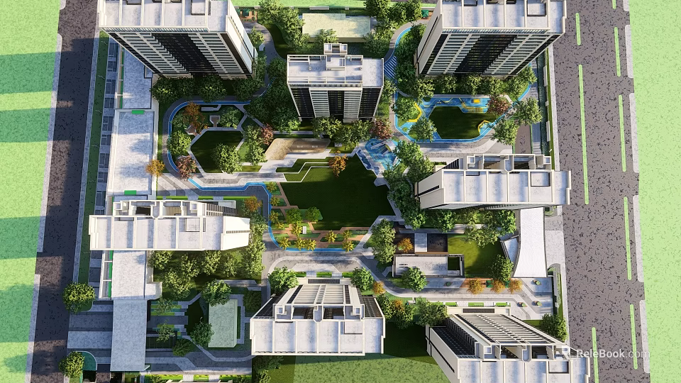 Modern Residential Landscape With High Rise Buildings Lush Gardens And Green Spaces 3d model 