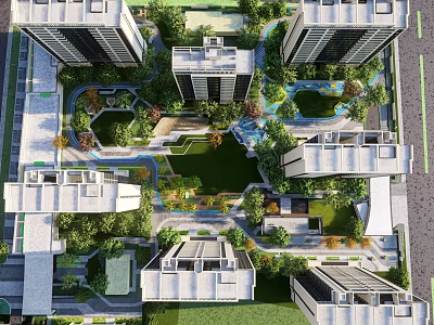 Modern Residential Landscape With High Rise Buildings Lush Gardens And Green Spaces 3d model