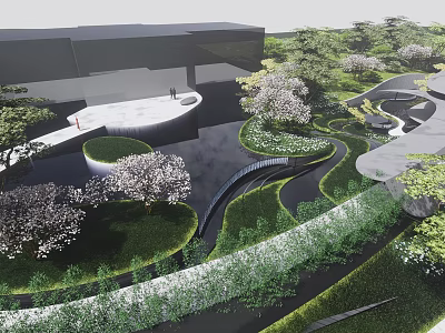 Modern Garden Landscape Design With Curved Paths Lush Greenery And Flowering Trees 3d model