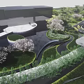 Modern Garden Landscape Design With Curved Paths Lush Greenery And Flowering Trees