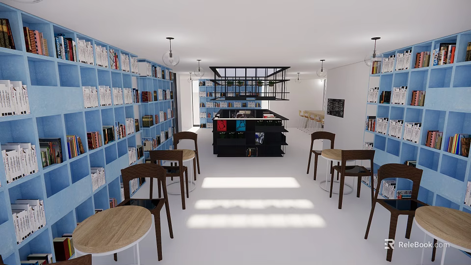 Café Interior with Blue Bookshelves Books Black Counter Wooden Tables Chairs and Warm Sunlight 3d model 