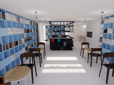 Café Interior with Blue Bookshelves Books Black Counter Wooden Tables Chairs and Warm Sunlight 3d model
