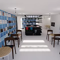 Café Interior with Blue Bookshelves Books Black Counter Wooden Tables Chairs and Warm Sunlight