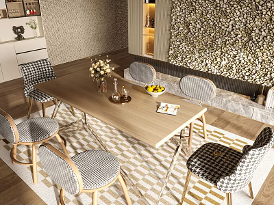 Wooden Dining Table Set With Checkered Chairs Wooden Legs Vase Flowers Fruit Bowl And Patterned Rug 3d model