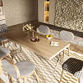 Wooden Dining Table Set With Checkered Chairs Wooden Legs Vase Flowers Fruit Bowl And Patterned Rug
