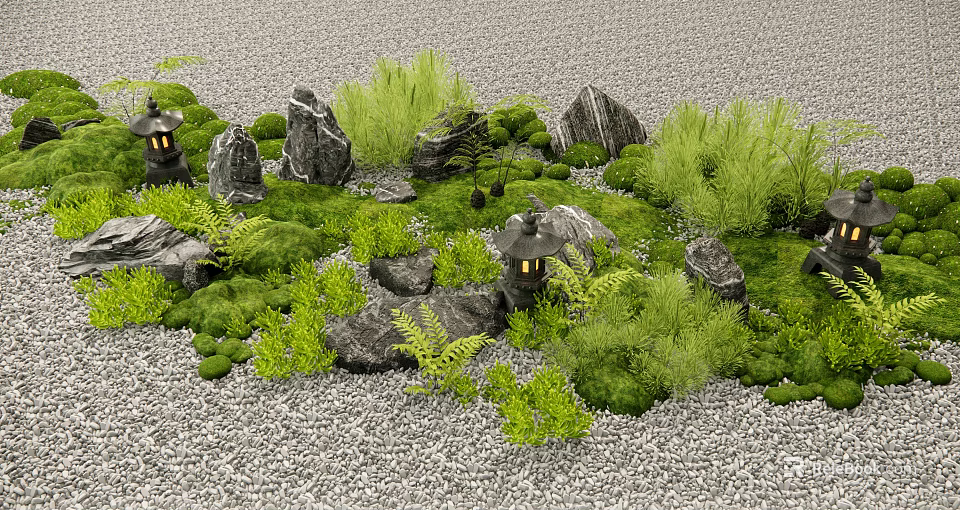 Courtyard Garden With Natural Rocks Green Plants And Lanterns On Gravel Ground 3d model 