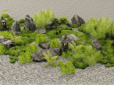 Courtyard Garden With Natural Rocks Green Plants And Lanterns On Gravel Ground 3d model
