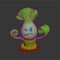 Cartoon Green Lettuce Character With Curved Arms Angry Face Yellow Pot And White Stones