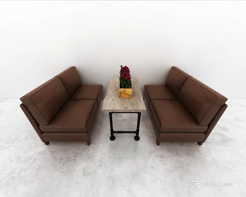 Brown Sofas and Coffee Table Set with Red Flowers in White Wall Gray Floor Interior 3d model