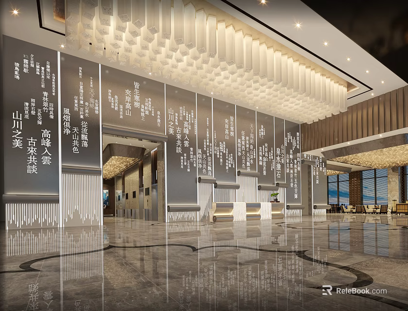Spacious Modern Hotel Lobby With Glass Walls Decorative Text Pendant Lights And Polished Floors 3d model 