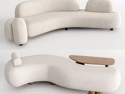 Modern Curved Sectional Sofa With Linen Fabric And Wooden Side Table 3d model