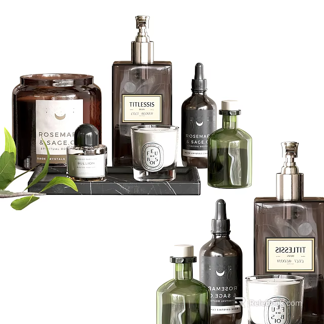 Daily Washing Products On Marble Tray With Essential Oil Bottles And Scented Candles 3d model 