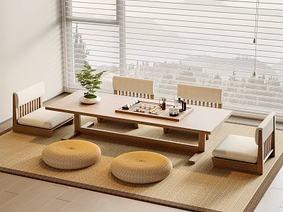 Japanese Wooden Tea Table and Chairs with Tea Set Chessboard and Floor Cushions by Window 3d model