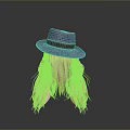 Character With Pink Long Hair Wearing Blue Straw Hat On Gray Background