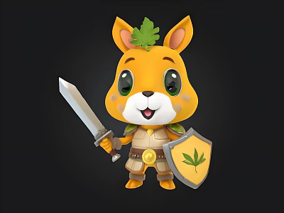 Adorable Yellow Cartoon Character With Leaf On Head Holding Sword And Shield In Armor 3d model