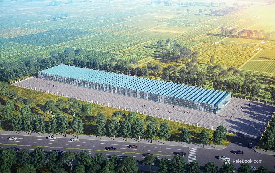 Large Industrial Factory Building With Blue Roof In Open Green Fields And Trees 3d model 